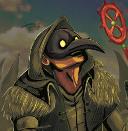Desenho digital de um homem com máscara de dr. da praga negra olhando assustado para cima e ao fundo um cenário de deserto com dentes monstruosos ao redor do homem.